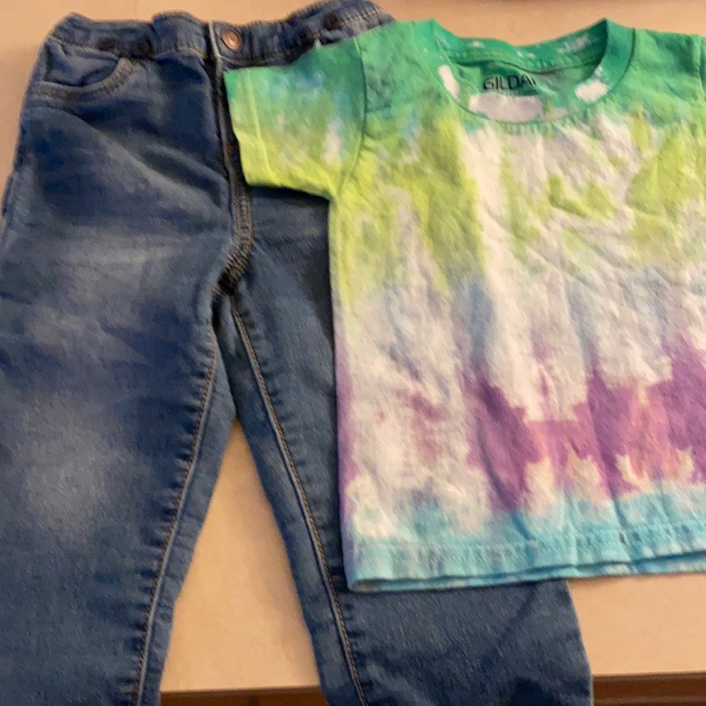 24 months, boys Osh Kosh jeans and Gildan 2T tie dye T-shirt